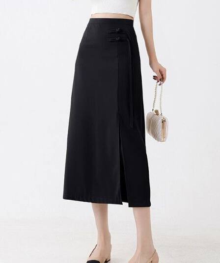 고급 센스 검정색 정장 치마 중간 길이 반신 스커트 여름 빅 사이즈 지방 mm 새로운 중식 빛 국풍 단추 치마
