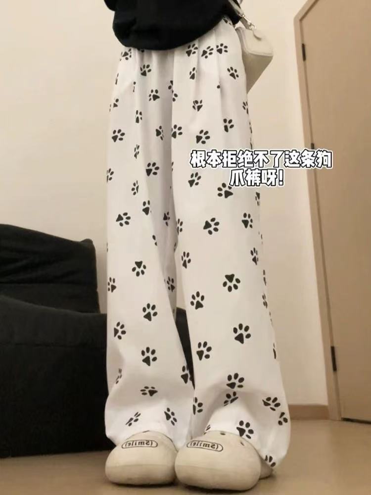 고양이 발톱 프린트 캐주얼 바지 여자 이른 봄 bf 느긋한 바람 루즈핏 중학생 굴곡 와이드 레그 팬츠 강아지 긴 바지