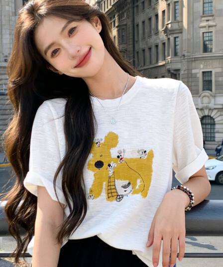 한 부서 강아지 자수 대나무 마디 면 반팔 티셔츠 여성 여름 얇은 스타일 슈퍼 잘 생긴 고유 한 아름다운 맨위 트렌디