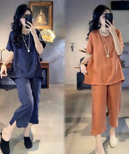 단색 새로운 중식 패션 세트 여성 여름 새로운 외국 가스 캐주얼 루즈핏 슬림해 보이는 품격 반팔 두 조각 여성 세트