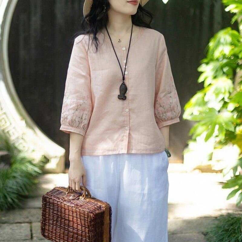 문예 레트로 면 린넨 자수 7부 소매 여성 셔츠 여름 고급 면 린넨 단색 연령 감소 품격 라운드 넥 맨위