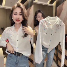 批发韩版春夏<b class='q'>秋装</b><b class='q'>新款</b>刺绣碎花衬衫女长袖翻领白色衬衣通勤风百搭上衣