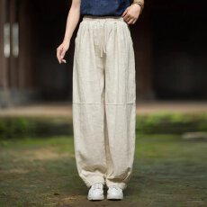 批发新中式棉麻禅意九分裤女大码宽松松紧腰纯色直筒裤百搭透气<b class='q'>哈伦</b>裤