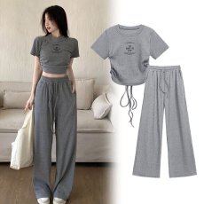 批发网红辣妹短袖运动套装女夏炸街<b class='q'>时尚</b>修身气质显瘦休闲阔腿裤两件套