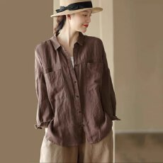 批发2026年春秋<b class='q'>新款</b>复古棉麻长袖衬衫女装宽松大码外穿简约单排扣衬衣