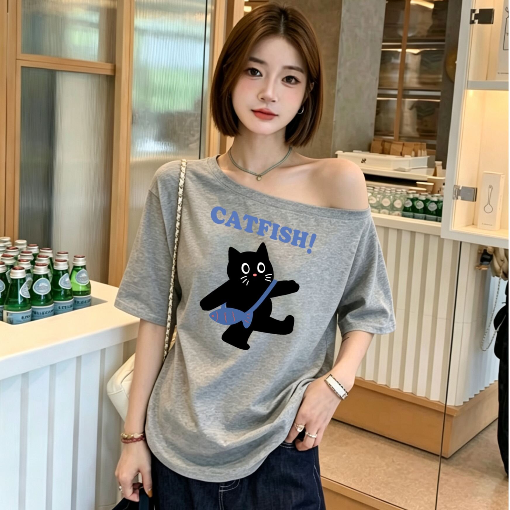 순면 오프숄더 비스듬한 어깨 반팔 티셔츠 여성 여름 작은 대중 Chic 루즈핏 슬림해 보이는 오프숄더 핫걸 반소매 맨위