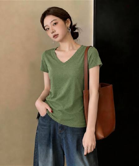 한 부서 슈퍼 잘 생긴 녹색 V넥 긍정적 인 어깨 반팔 티셔츠 여성 여름 새로운 얇은 스타일 순수한 욕망 바람 슬림해 보이는 허리 수축 맨위