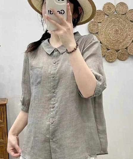 폴로 칼라 주머니 면 린넨 셔츠 여름 새로운 미니멀리즘 단색 맨위 출퇴근 백 탑 캐주얼 루즈핏 문예 반팔