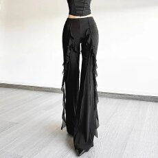 批发今年流行微喇叭裤女设计感显瘦气质高腰独特超好看黑色荷叶边裤子