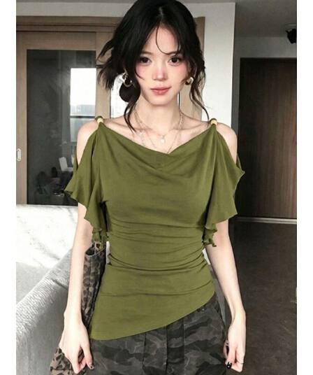 디자인 센스 작은 대중 흔들다 칼라 오프숄더 프릴 반팔 티셔츠 여성 짧은 몸매 가꾸기 고유 한 Chic 외국 가스 맨위