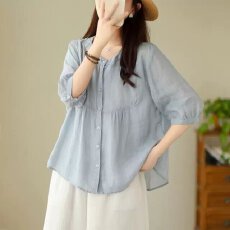 批发<b class='q'>外贸出口</b>夏季新款纯色棉麻娃娃衫上衣女文艺气质显瘦大码短袖衬衫