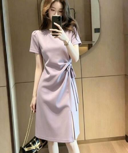 프랑스식 단색 캐주얼 스트랩 허리 수축 반팔 여성 드레스 여름 새로운 디자인 센스 밑단 트임 길다 치마