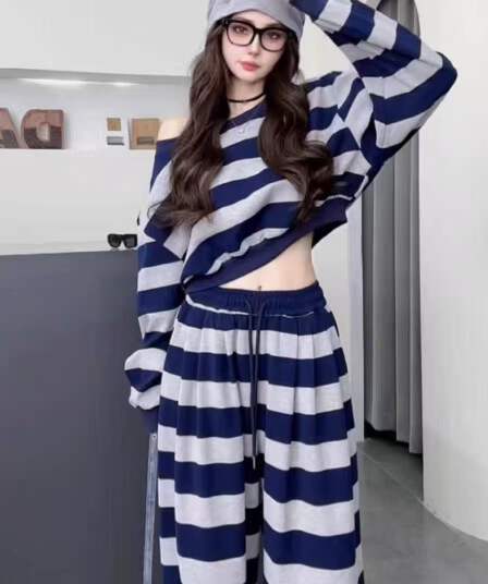 한 부서 봄 가을 스트라이프 투피스 세트 핫걸 순수한 욕망 품격 슬림해 보이는 후드티 여성 하이웨이스트 스트레이트 와이드 레그 팬츠 세트