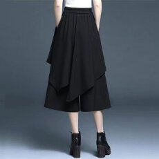 批发不规则黑色七分阔腿裤<b class='q'>女</b>夏季2026新款松紧腰宽松大码休闲简约裙裤