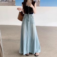 批发休闲牛仔半身裙女春夏新款毛边宽松大摆裙子高腰<b class='q'>百搭</b>a字牛仔长裙