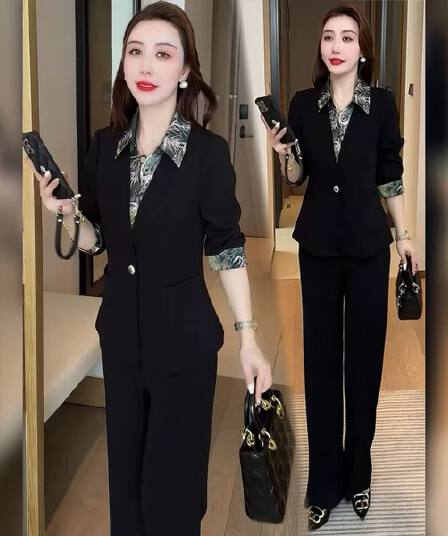 패션 세트 여성 2026 봄 새로운 외국 가스 유럽 만약 바람 착용 가져 가라. 페이크 레이어드 재킷 와이드 레그 팬츠 투피스 세트 트렌디