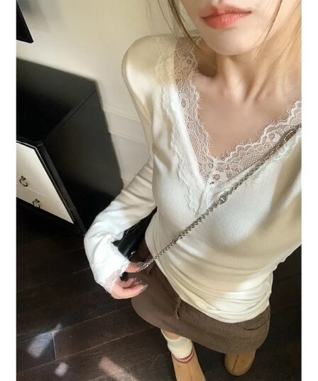 순수한 욕망 센스 레이스 조각 칼라 De 플러시 긴팔 기본 셔츠 여성 2026 가을 겨울 인사이드 가져 가라. 신축성 V넥 티셔츠 맨위 트렌디