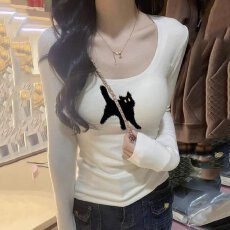 批发白色卡通猫咪长袖<b class='q'>T</b><b class='q'>恤</b>女2026春秋欧货韩系设计感修身U领打底衫<b class='q'>紧身</b>