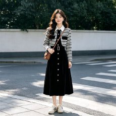 批发小香风假两件收腰<b class='q'>连衣裙</b>女秋冬2026新款<b class='q'>格子</b>拼接气质长款连身裙子