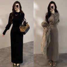批发法式高领灯笼袖灰色连衣裙女秋季2026新款巨好看内搭打底气质长裙