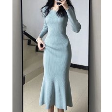 批发蓝色鱼尾针织连衣裙女2026春秋冬季内搭打底包臀裙修身收腰长裙子