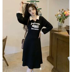 批发<b class='q'>大码</b>女装胖mm赫本风黑色polo领印花连衣裙2026秋新款收腰显瘦裙子