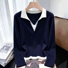 批发撞色假两件修身<b class='q'>t</b><b class='q'>恤</b>女春秋老钱风穿搭显瘦洋气减龄打底衫内搭上衣