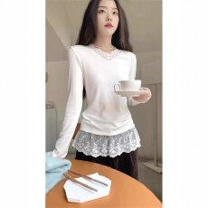 蕾丝花边拼接长袖T恤女早春秋冬新款毛打底衫内搭修身显瘦上衣服
