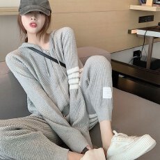 批发时尚休闲韩版运动服两件套装女秋洋气减龄连帽卫衣裤子华夫格外套