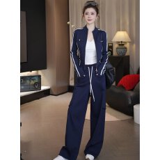 批发撞色拉链修身短款上衣外套阔腿休闲裤两件套女2026超火秋装一整套