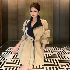 批发韩系气质撞色翻领风衣外套女秋季2026新款宽松显瘦中长款绑带上衣