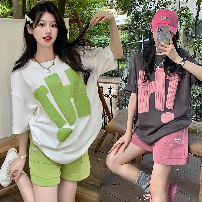 지금 지금 임산부 여름 나가라. 패션 외국 가스 세련된 작은 키 반팔 티셔츠 캐주얼 반바지 투피스 세트 여름 드레스