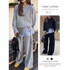 批发时尚拼接假两件卫衣孕妇套装新款设计感格子屁帘时尚卫裤三件套