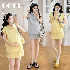 批发现现~时尚孕妇夏季新款韩系宽松显瘦Polo领短袖上衣+裤裙孕妇套装