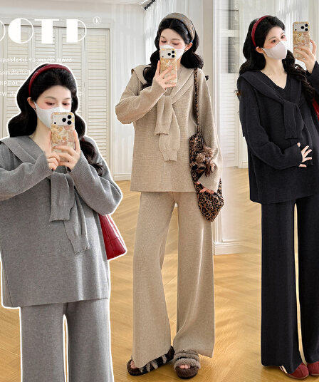 지금 지금 실사 새로운 임산부 가을 겨울 인터넷 유명인 부드러운 찹쌀 프로 피부 폴로 칼라 스카프 패션 스웨터 캐주얼 세트 슬림해 보이는