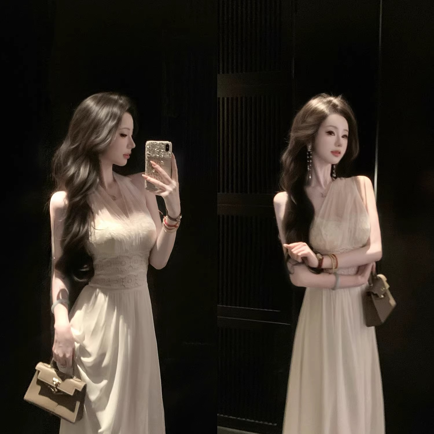 우아한 조 하트 비트 다양한 착용 법 여름 드레스 하얀 달빛 허리 수축 화이트 망사 쉬폰 점프 슈트 롱 스커트