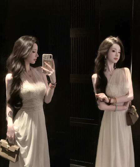 우아한 조 하트 비트 다양한 착용 법 여름 드레스 하얀 달빛 허리 수축 화이트 망사 쉬폰 점프 슈트 롱 스커트