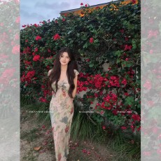 批发CloudSweet白云甜 中古感玫瑰油画裙复古印花<b class='q'>连衣裙</b>法式鱼尾长裙