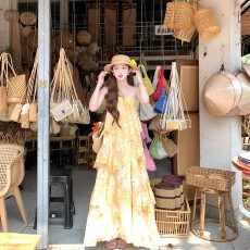 批发Acaine雏菊奶黄重工气质氛围感高级蕾丝印花仙气蛋糕裙碎花<b class='q'>长裙</b>