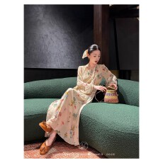 批发鹭青一原创【卉木】法式印花连衣裙女春夏田园风压褶<b class='q'>雪纺</b>度假长裙