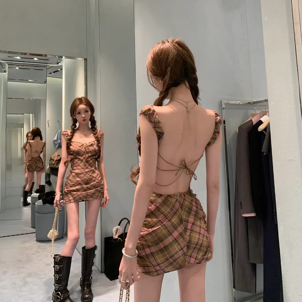 너 ~ 중 게으른 llan 밤나무 용 고양이 둘 색상 소녀 센스 체크무늬 섹시함 백리스 광장 칼라 여성 드레스