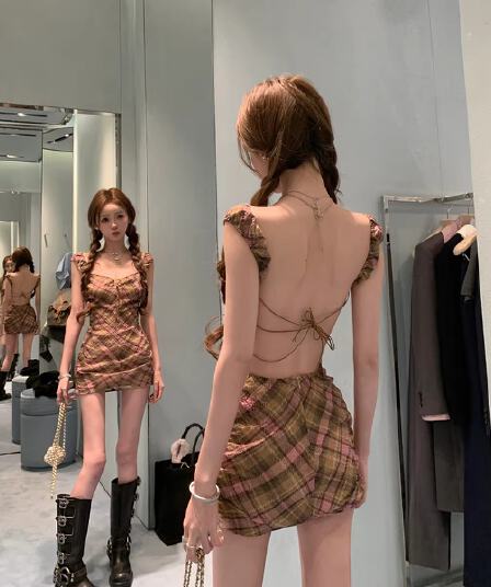 너 ~ 중 게으른 llan 밤나무 용 고양이 둘 색상 소녀 센스 체크무늬 섹시함 백리스 광장 칼라 여성 드레스