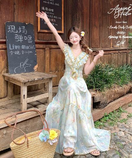 acaine 낭만주의 웨스트 지아 섬 롱 코트 V넥 프릴 허리 수축 명중 가져 가라. 꽃무늬 자수 여성 드레스 프랑스식 치마