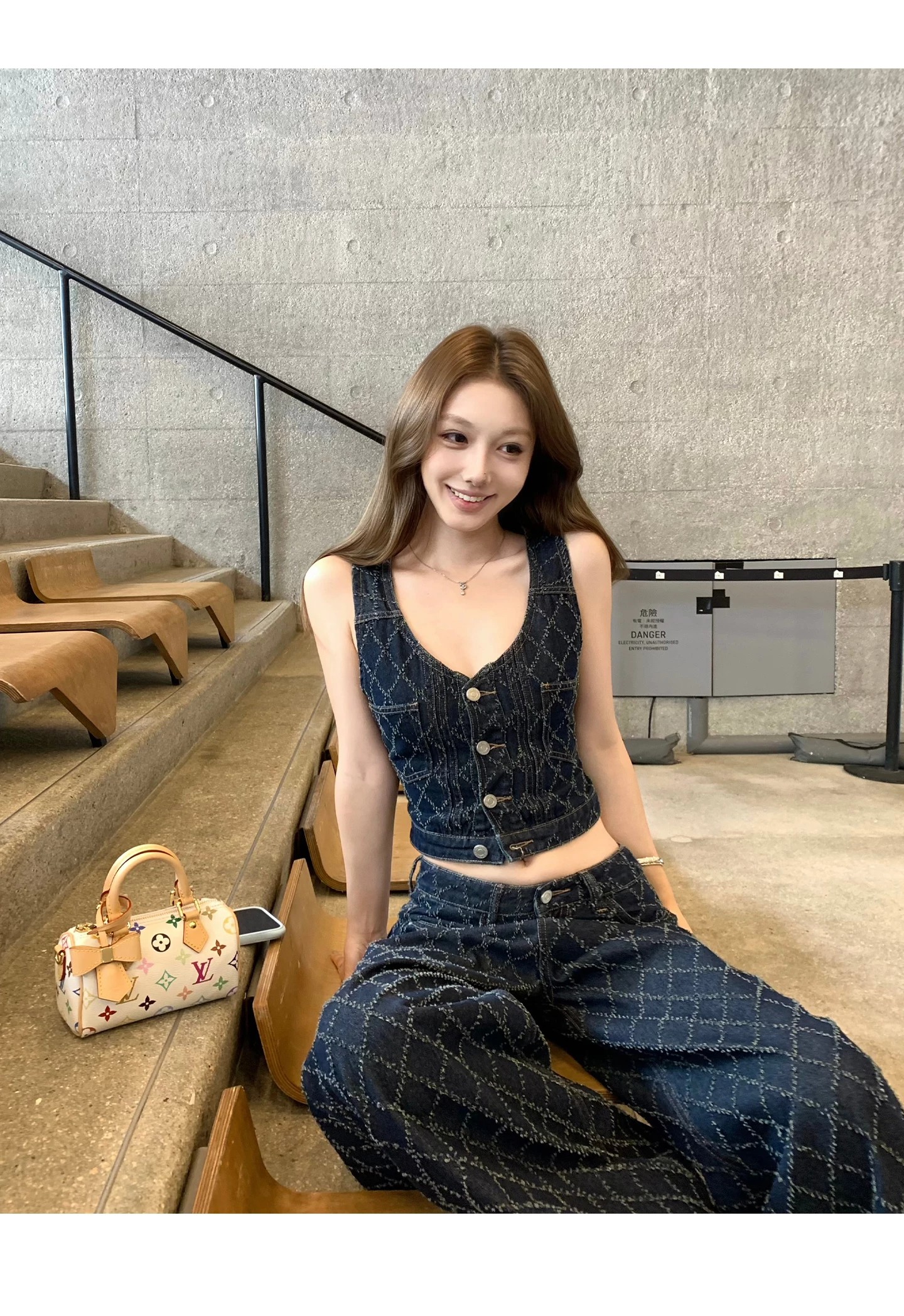 밤나무 코코아 bankelili 고대 복장 링 그리드 원색 링 그리드 자수 데님 베스트 데님 스트레이트 팬츠 여성