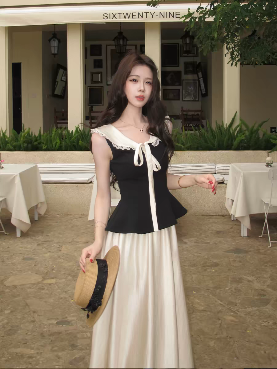 무쯔리 목자이 ~ 중 리 프랑스식 레트로 스타일 민소매 폴로 칼라 레이스 레이스 배색 허리 수축 맨위 새틴 반신 스커트 여름