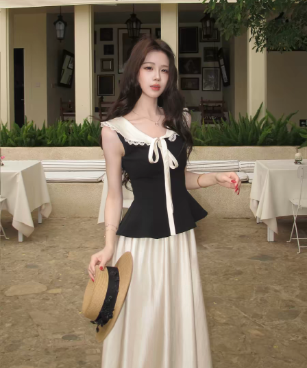 무쯔리 목자이 ~ 중 리 프랑스식 레트로 스타일 민소매 폴로 칼라 레이스 레이스 배색 허리 수축 맨위 새틴 반신 스커트 여름