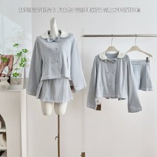 批发Acaine蓝调摩卡/蓝色麂皮<b class='q'>娃娃</b>领外套高腰半身<b class='q'>裙</b>套装女秋季两件套