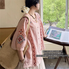 批发纯亚麻重工定位刺绣粉色设计感民族风精致森系文艺衬衫夏安妮<b class='q'>森林</b>