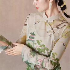 批发秸熙秋冬新款复古轻国风网纱衣水墨印花不对称斜摆显瘦打底衫t恤