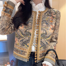 批发十足风雅复古韵~独特别致印花<b class='q'>小西装</b>秋季新中式盘扣亚麻短外套女